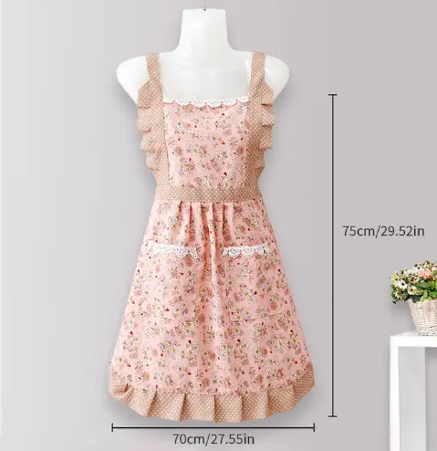 Princess apron with pocket and back buckle, suitable for home kitchen, oil resistant fabric, catering, waist and waist bib,70*75cm