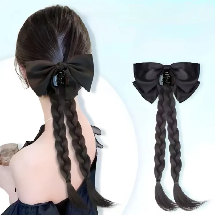Wig ponytail bow braid, female lazy grab ponytail, natural double Fried Dough Twists braid ponytail