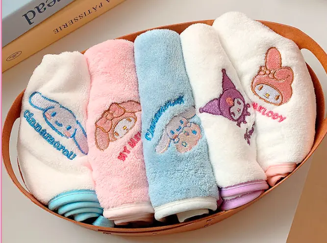 5pcs coral fleece children's square scarves, cartoon embroidery, skin friendly and absorbent, can be hung as towels, children's handkerchiefs, hand towels, face towels