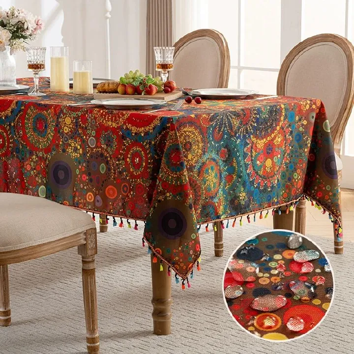 New colored tassel tablecloth, printed dust-proof dining table cloth, waterproof household rectangular coffee table cover cloth