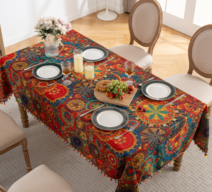 New colored tassel tablecloth, printed dust-proof dining table cloth, waterproof household rectangular coffee table cover cloth