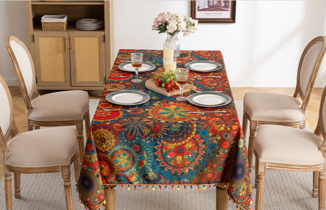 New colored tassel tablecloth, printed dust-proof dining table cloth, waterproof household rectangular coffee table cover cloth