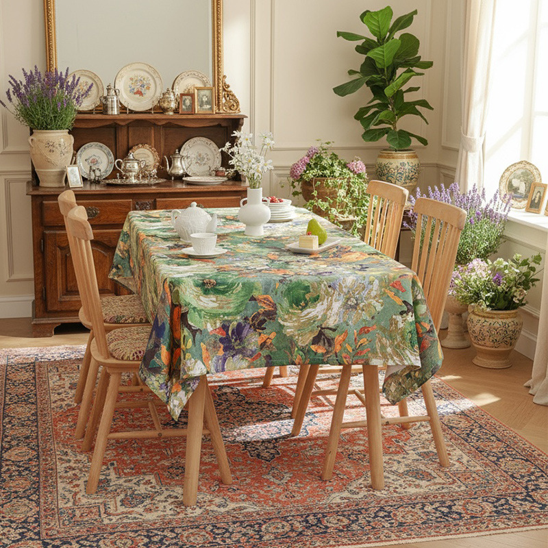 Oil painting style small fresh cover cloth bedside table American retro cover cloth microwave oven TV cabinet dustproof tablecloth table mat