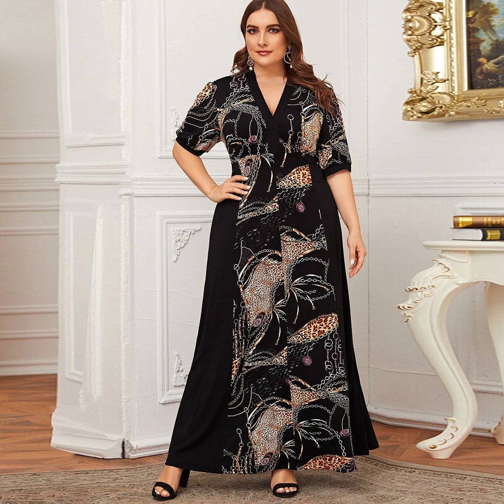 Plus Size  Fashion Women Summer Dresses Hot Stylish V-Neck Print Floral Bohemian Style Casual Long Dress