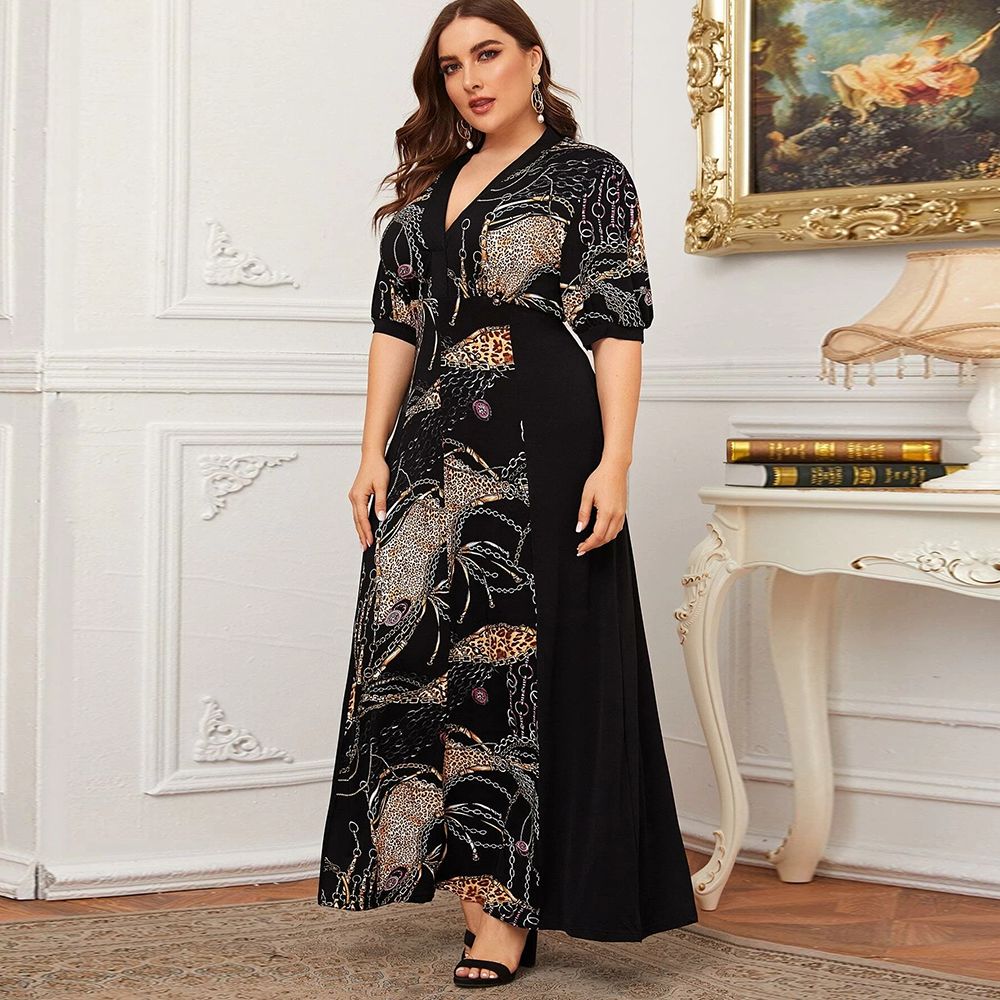 Plus Size  Fashion Women Summer Dresses Hot Stylish V-Neck Print Floral Bohemian Style Casual Long Dress