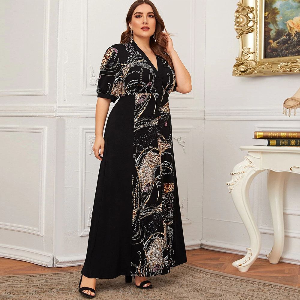 Plus Size  Fashion Women Summer Dresses Hot Stylish V-Neck Print Floral Bohemian Style Casual Long Dress