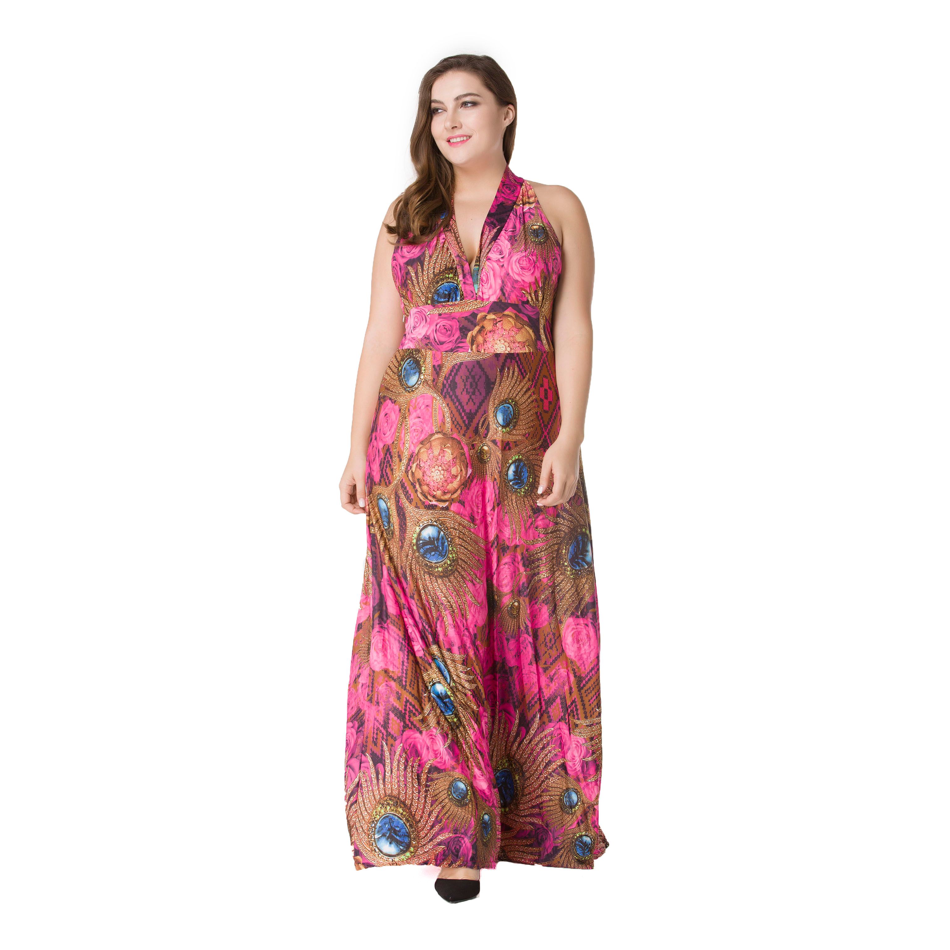 Plus Size 2025 Women Bohemian Dress Autumn Printed Maxi Long Sundress V-Neck Sleeveless Casual Loose Party VestidosHot Stylish V-Neck Print Floral Bohemian Style Casual Long Dress