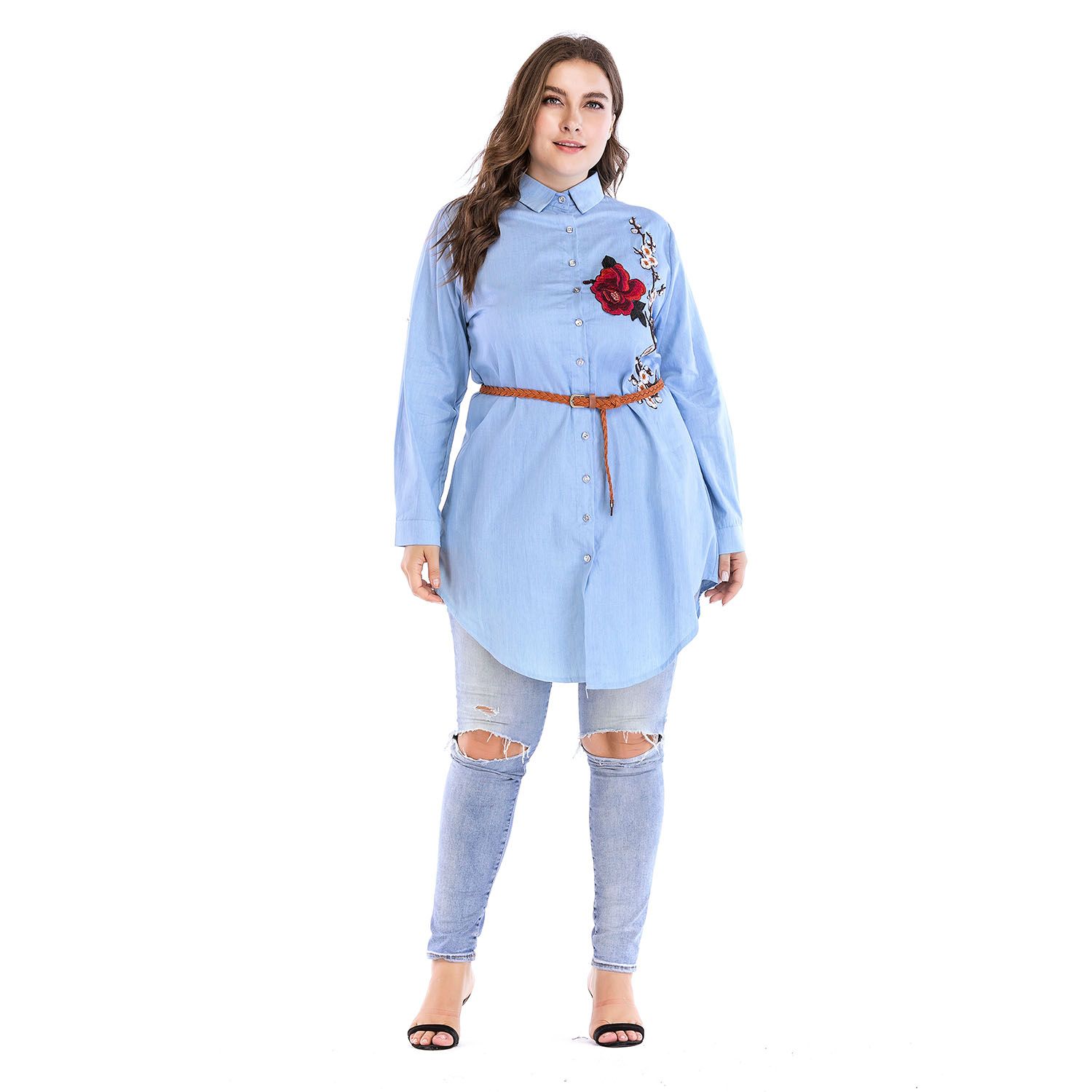 Plus Size Denim Dresses for Women Summer Strip Midi Dress Wholesale Dropshipping