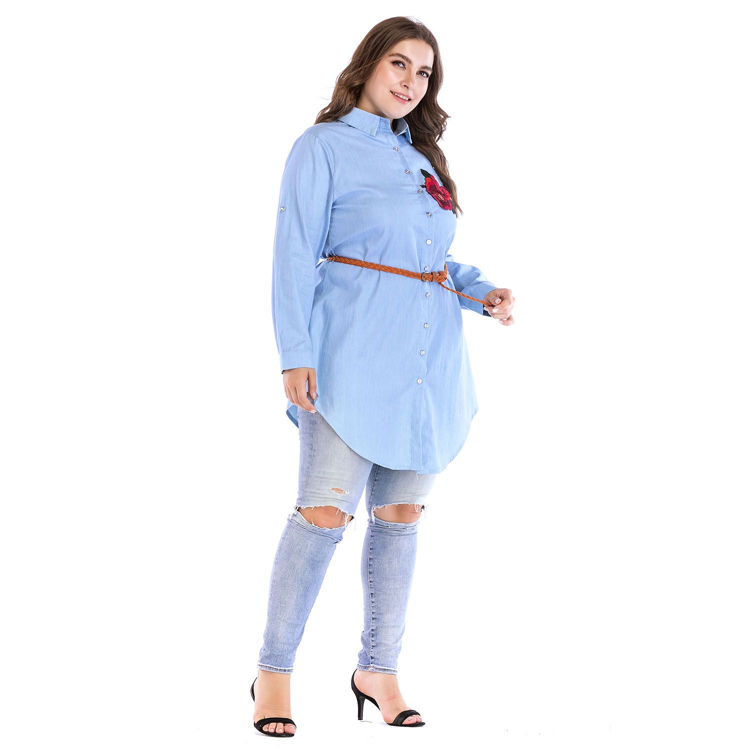 Plus Size Denim Dresses for Women Summer Strip Midi Dress Wholesale Dropshipping