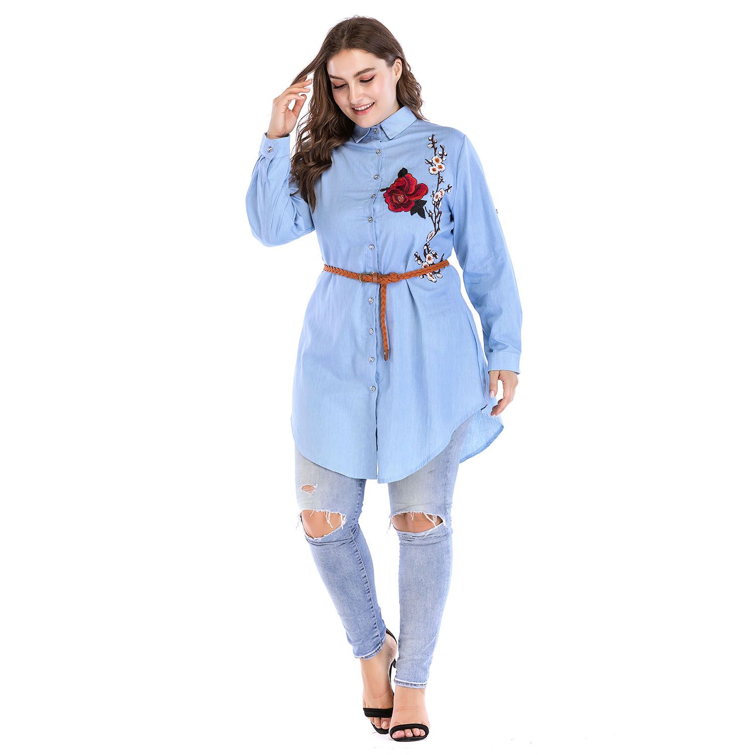 Plus Size Denim Dresses for Women Summer Strip Midi Dress Wholesale Dropshipping