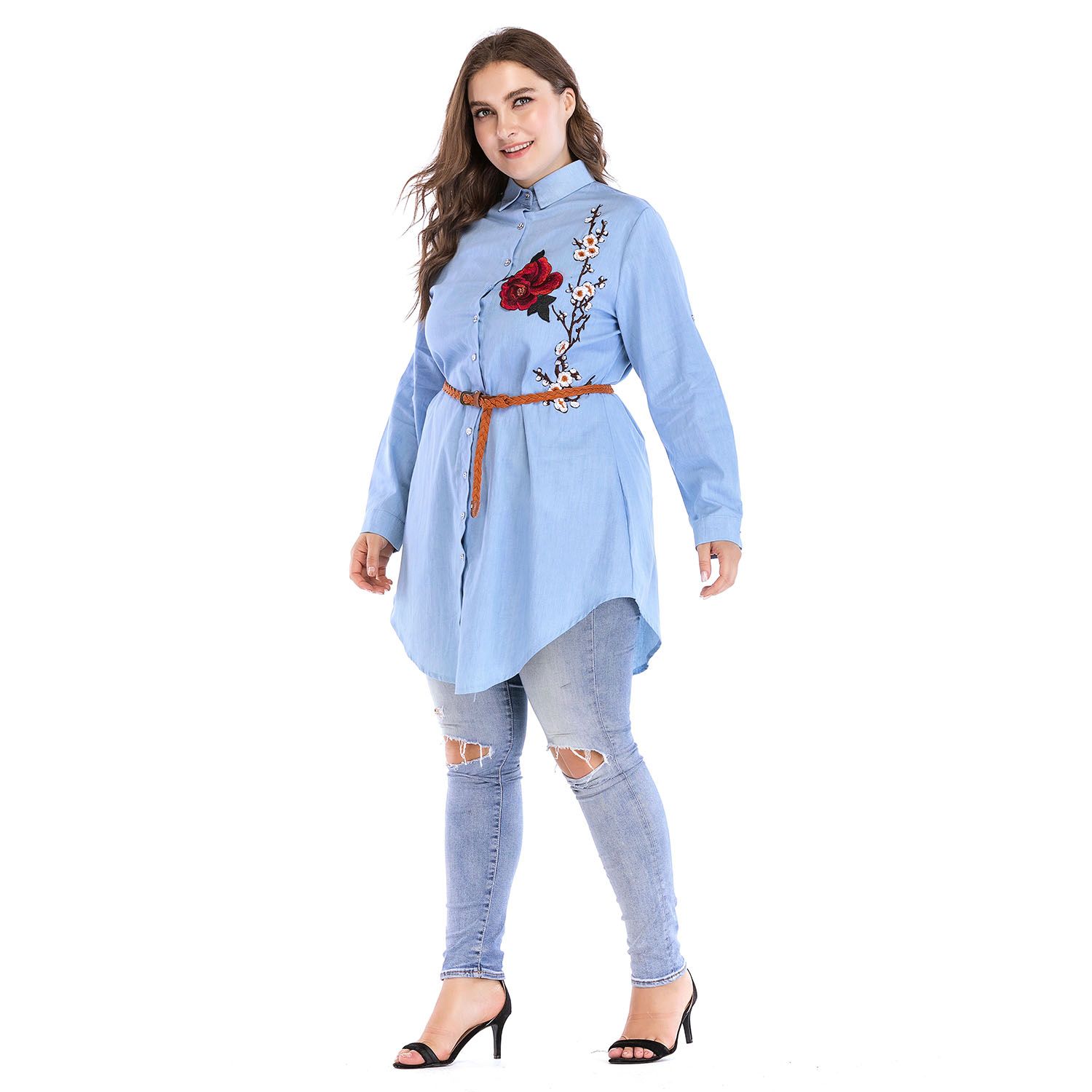Plus Size Denim Dresses for Women Summer Strip Midi Dress Wholesale Dropshipping