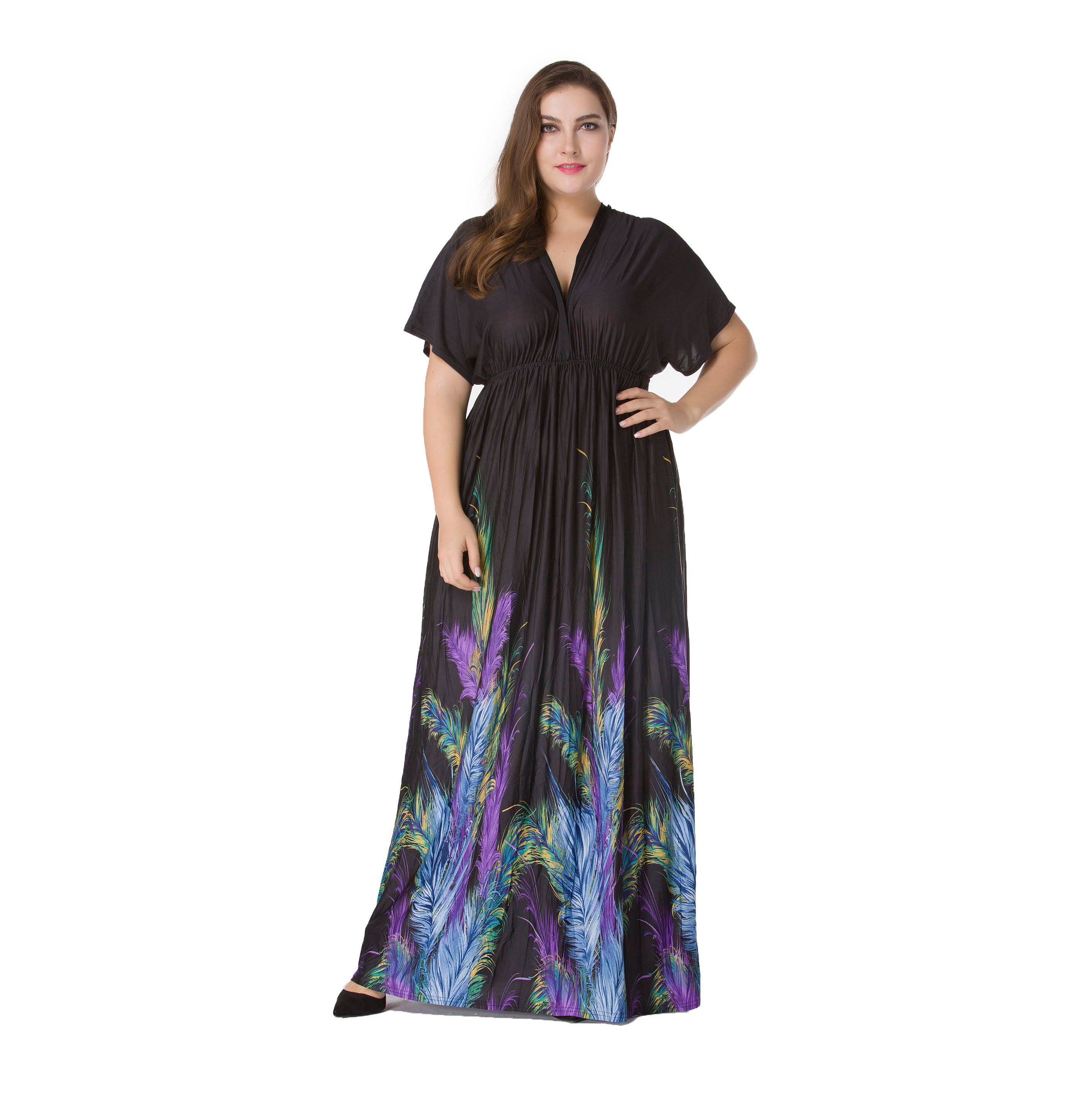 Plus Size Women Fashion Summer Dresses Hot Stylish V-Neck Print Floral Bohemian Style Casual Long Dress