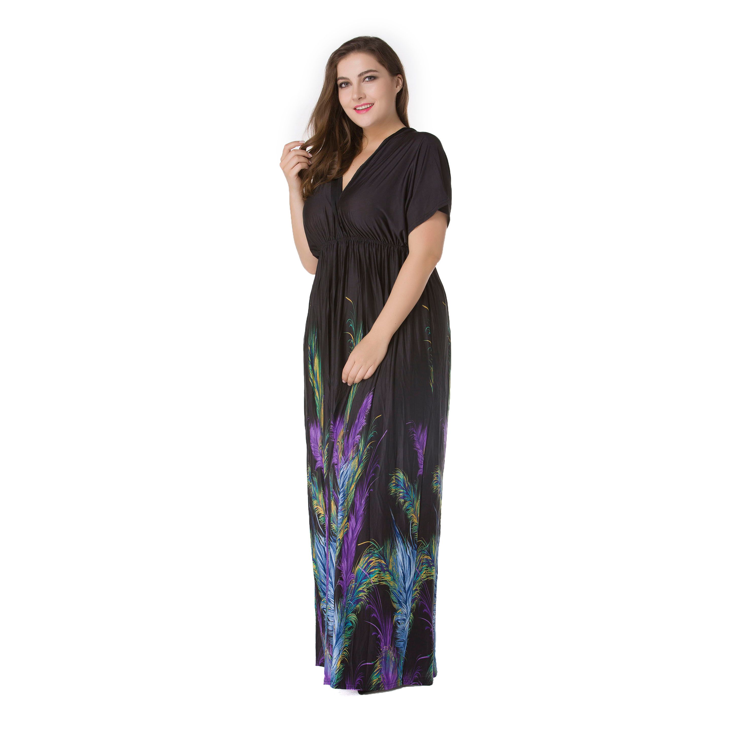 Plus Size Women Fashion Summer Dresses Hot Stylish V-Neck Print Floral Bohemian Style Casual Long Dress