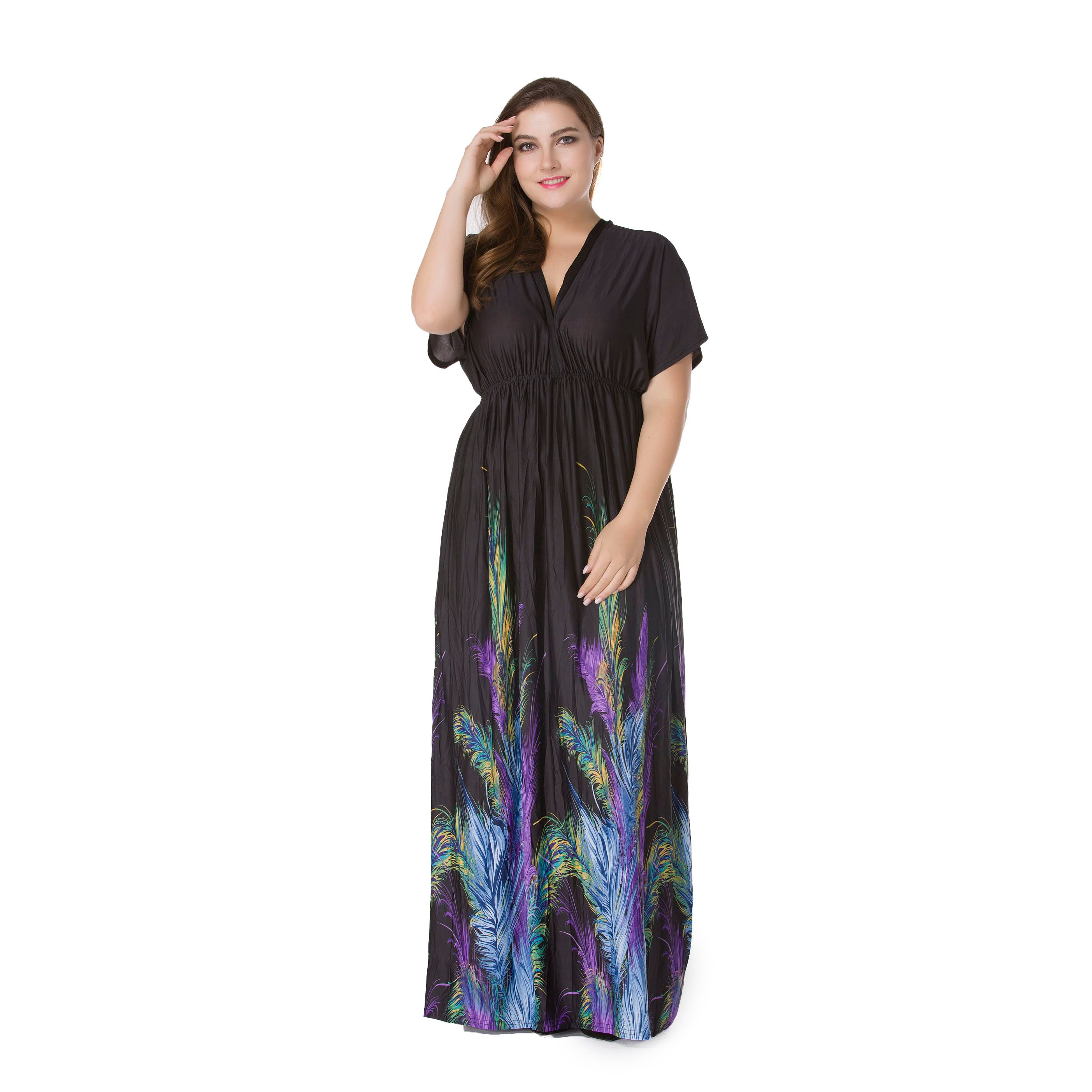 Plus Size Women Fashion Summer Dresses Hot Stylish V-Neck Print Floral Bohemian Style Casual Long Dress