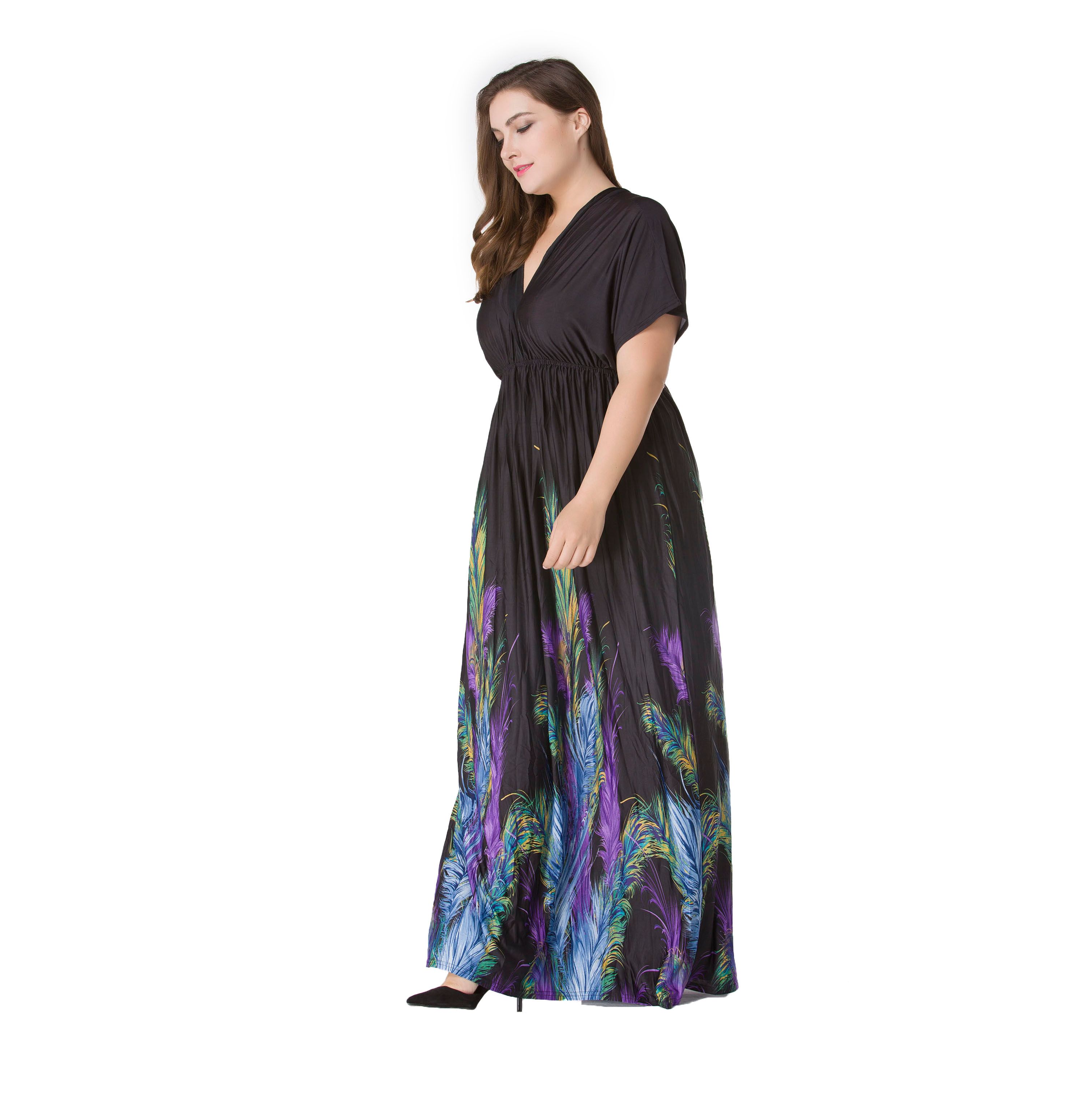 Plus Size Women Fashion Summer Dresses Hot Stylish V-Neck Print Floral Bohemian Style Casual Long Dress