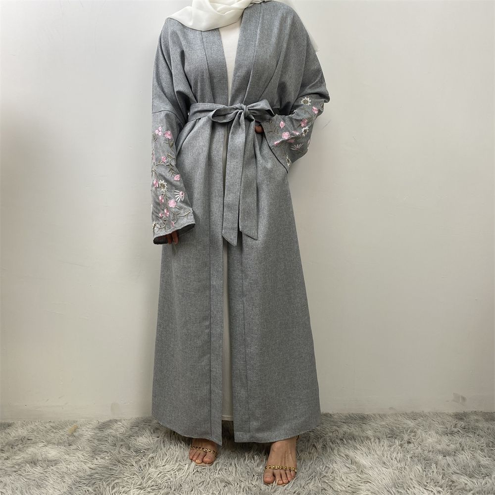European and American fashion Muslim Dubai African Arab cotton and linen embroidered loose lace-up cardigan long gown women's wear
