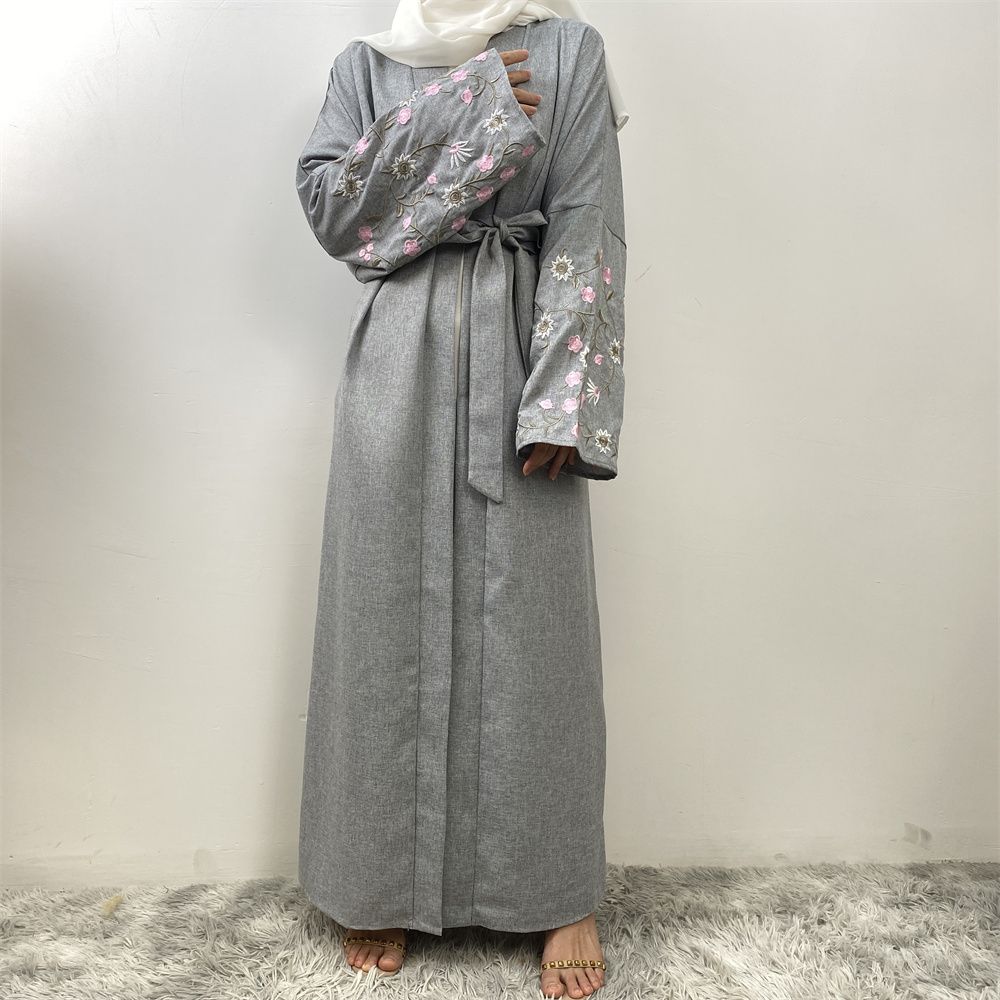 European and American fashion Muslim Dubai African Arab cotton and linen embroidered loose lace-up cardigan long gown women's wear