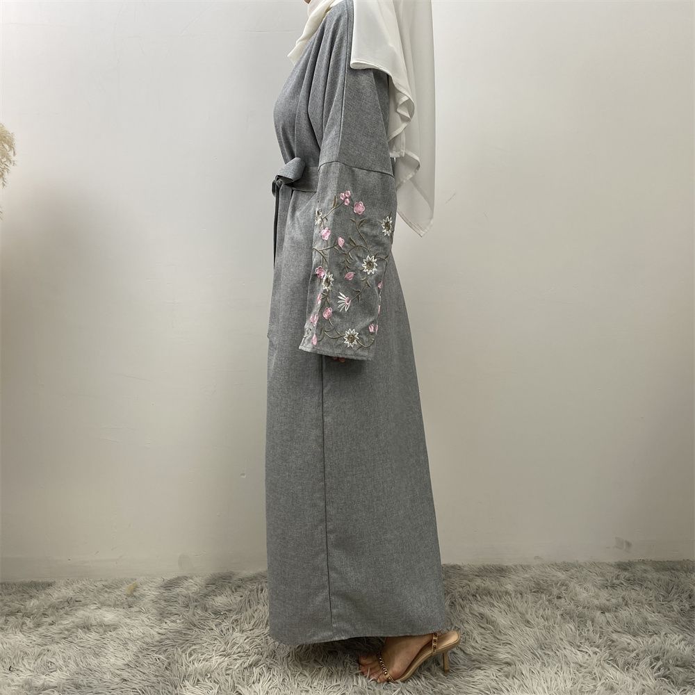 European and American fashion Muslim Dubai African Arab cotton and linen embroidered loose lace-up cardigan long gown women's wear