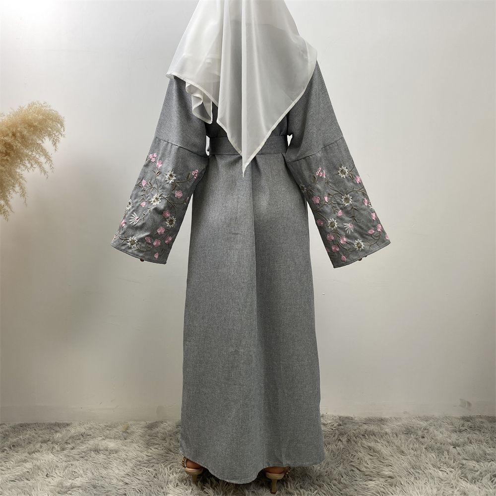 European and American fashion Muslim Dubai African Arab cotton and linen embroidered loose lace-up cardigan long gown women's wear
