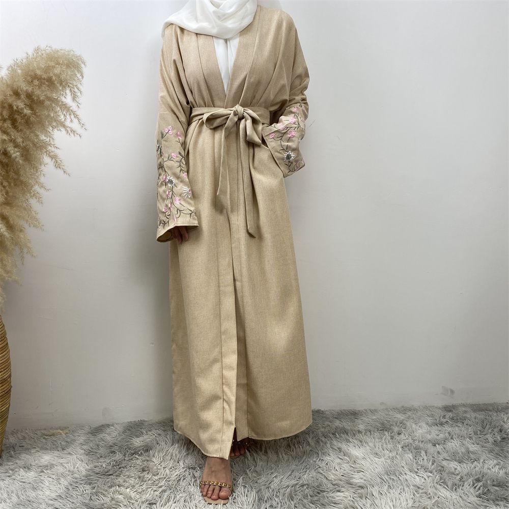 European and American fashion Muslim Dubai African Arab cotton and linen embroidered loose lace-up cardigan long gown women's wear