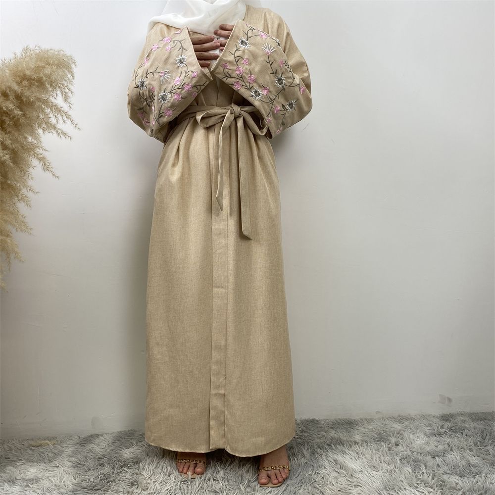 European and American fashion Muslim Dubai African Arab cotton and linen embroidered loose lace-up cardigan long gown women's wear