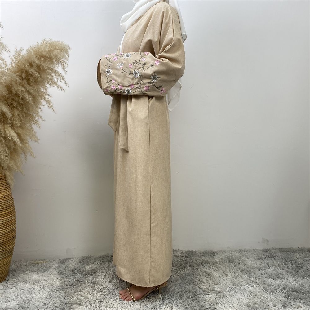 European and American fashion Muslim Dubai African Arab cotton and linen embroidered loose lace-up cardigan long gown women's wear
