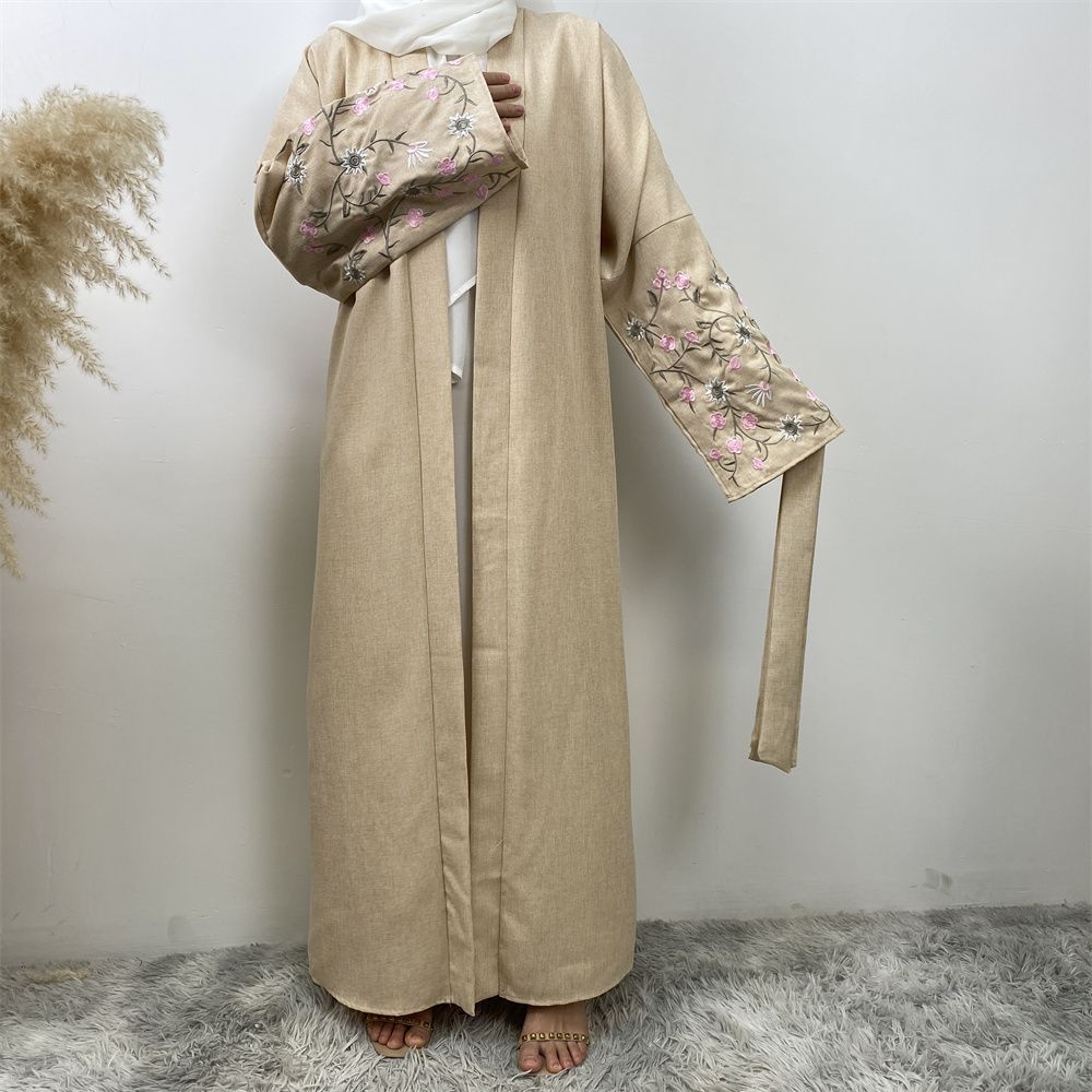 European and American fashion Muslim Dubai African Arab cotton and linen embroidered loose lace-up cardigan long gown women's wear