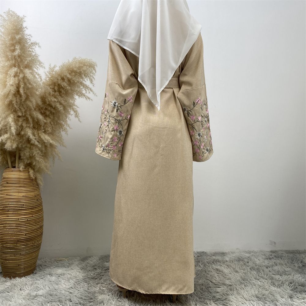 European and American fashion Muslim Dubai African Arab cotton and linen embroidered loose lace-up cardigan long gown women's wear