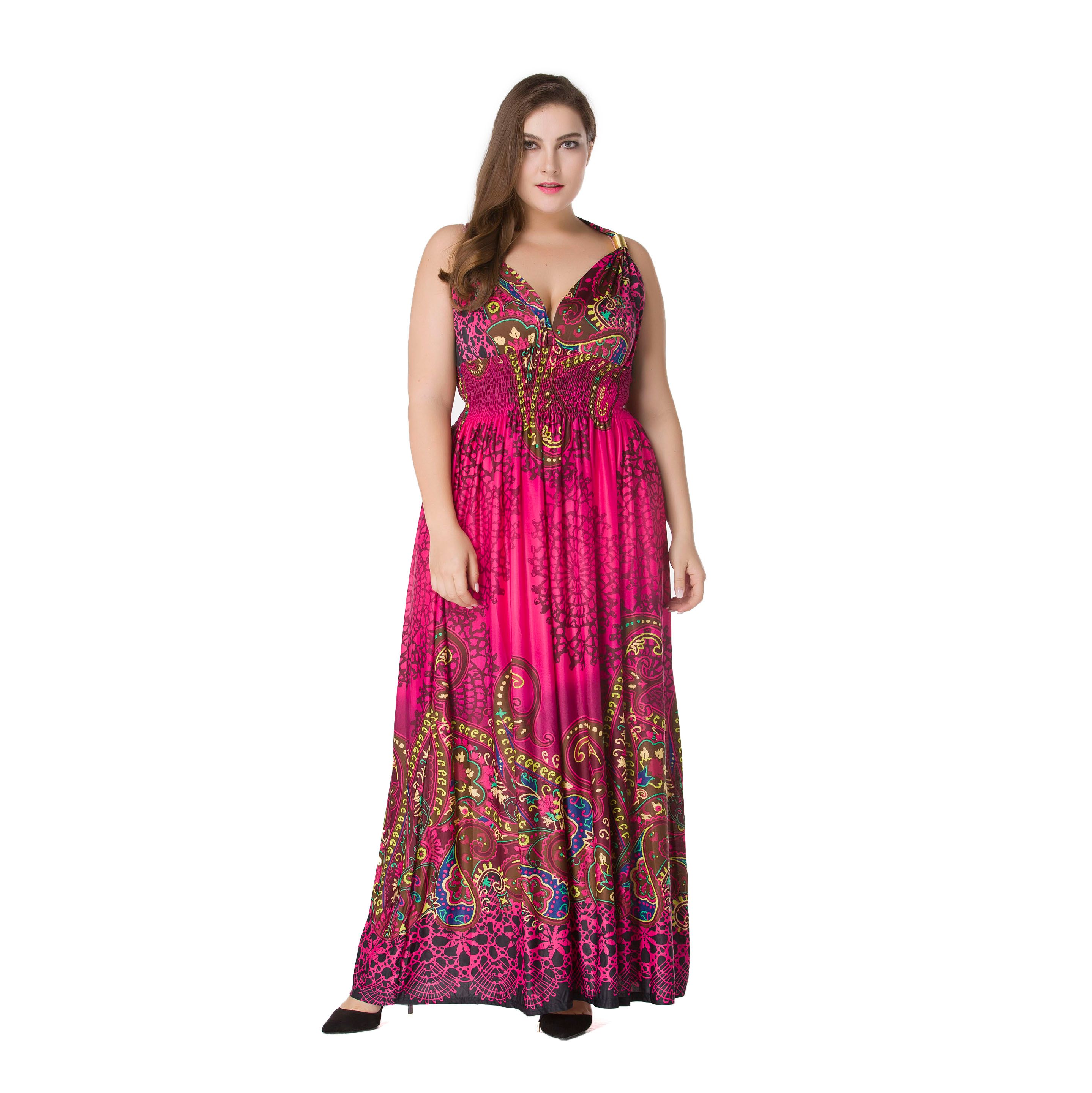 Plus Size Women Fashion Summer Sleeveless Dresses Hot Stylish V-Neck Print Floral Bohemian Style Casual Long Dress