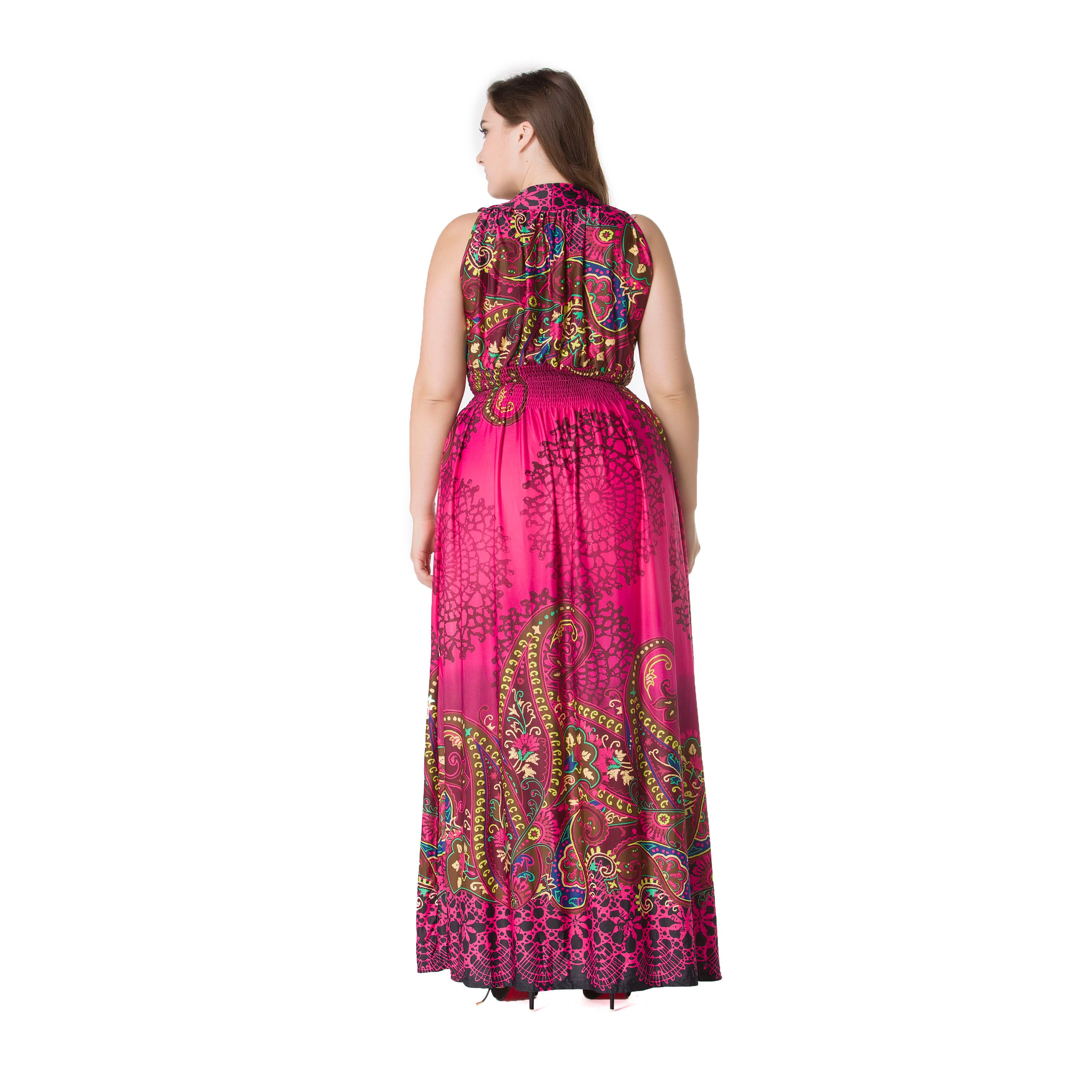 Plus Size Women Fashion Summer Sleeveless Dresses Hot Stylish V-Neck Print Floral Bohemian Style Casual Long Dress