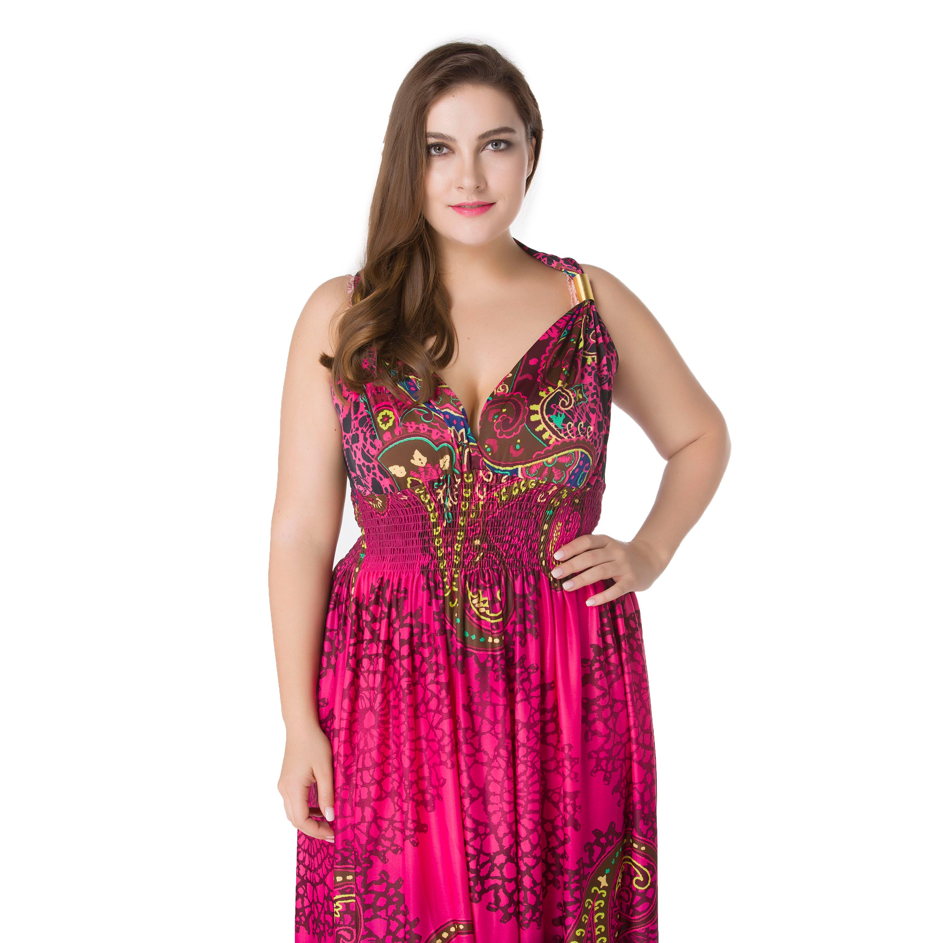 Plus Size Women Fashion Summer Sleeveless Dresses Hot Stylish V-Neck Print Floral Bohemian Style Casual Long Dress
