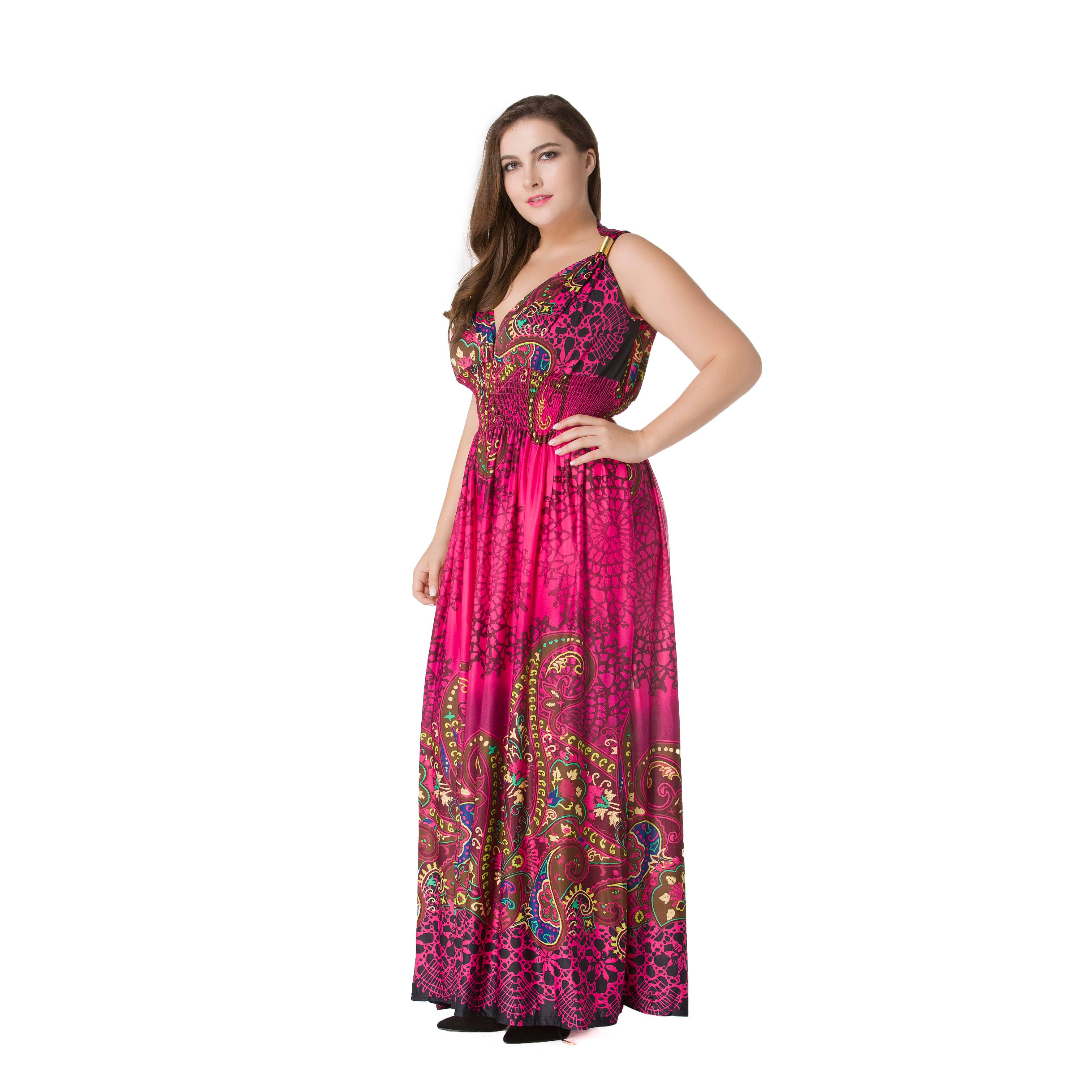 Plus Size Women Fashion Summer Sleeveless Dresses Hot Stylish V-Neck Print Floral Bohemian Style Casual Long Dress