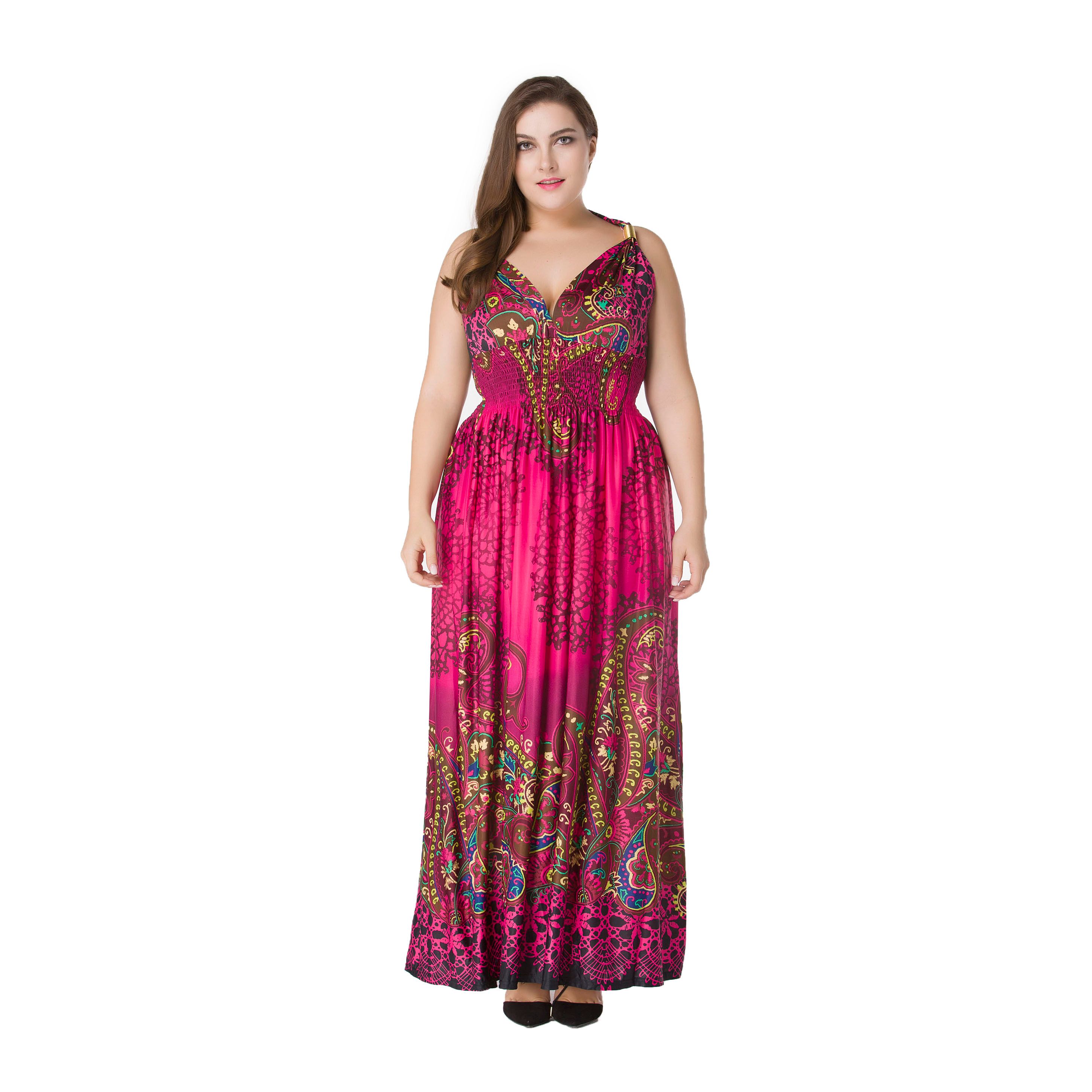Plus Size Women Fashion Summer Sleeveless Dresses Hot Stylish V-Neck Print Floral Bohemian Style Casual Long Dress