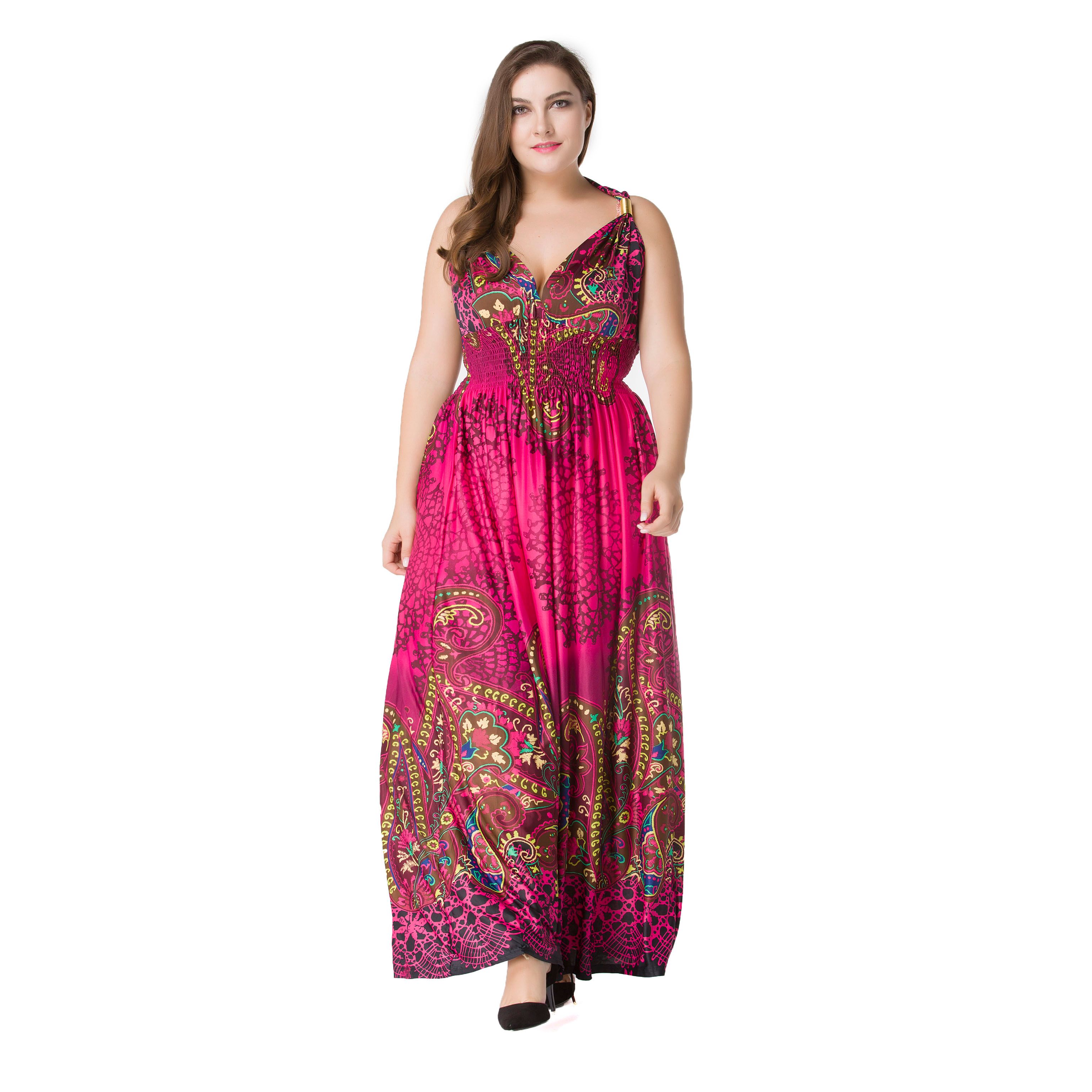 Plus Size Women Fashion Summer Sleeveless Dresses Hot Stylish V-Neck Print Floral Bohemian Style Casual Long Dress