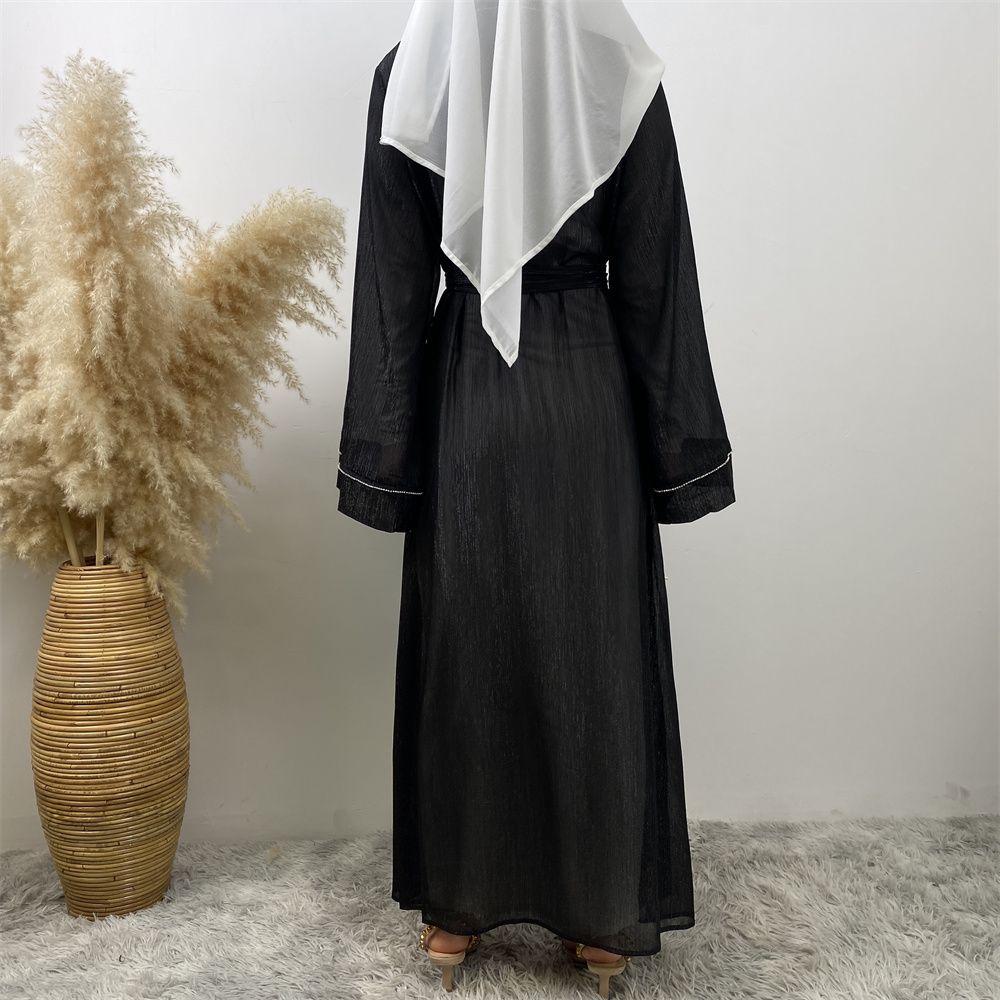 Fashionable Muslim, Dubai, Middle East abaya, elegant diamond-encrusted Islamic women's wear, lace-up mesh cardigan gown