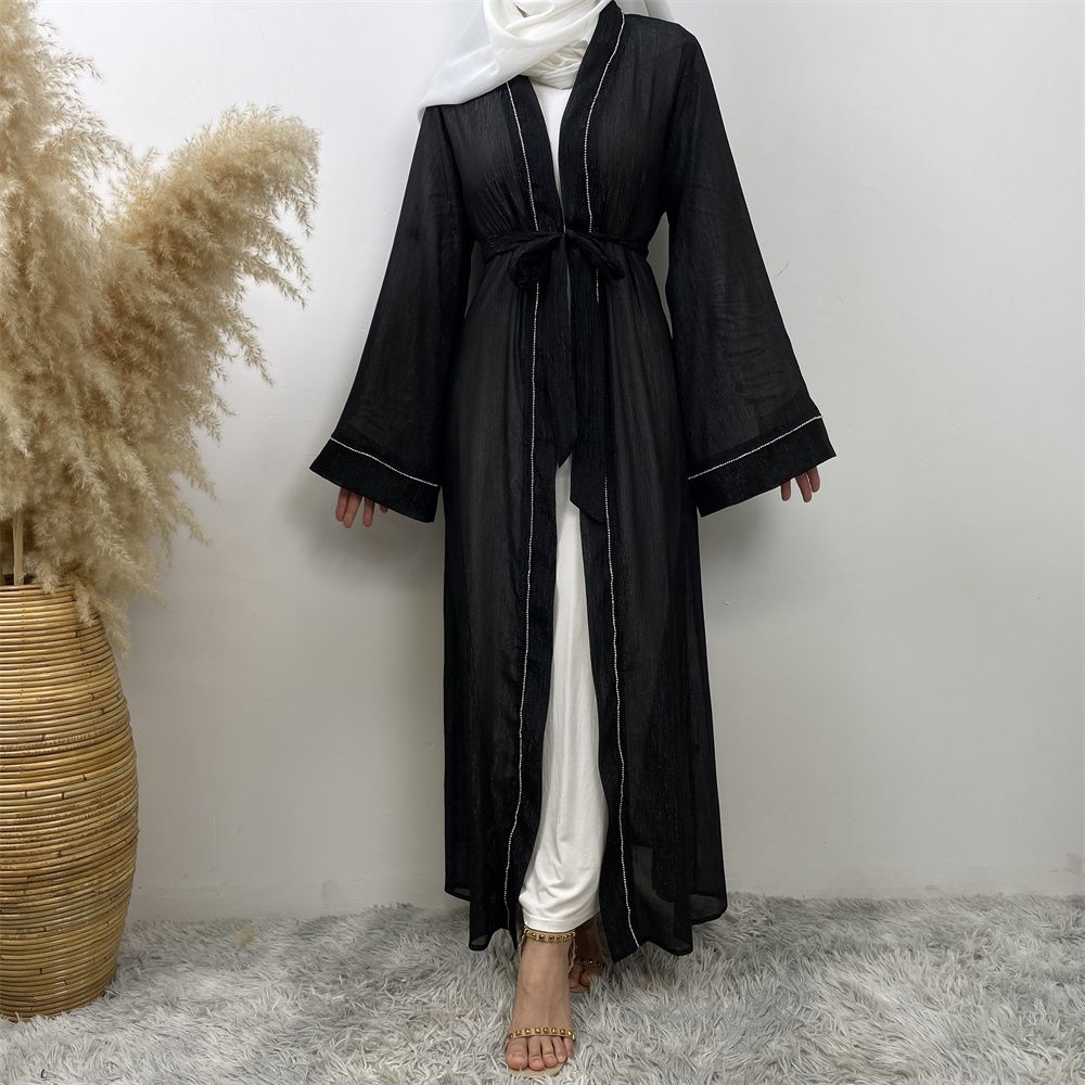 Fashionable Muslim, Dubai, Middle East abaya, elegant diamond-encrusted Islamic women's wear, lace-up mesh cardigan gown