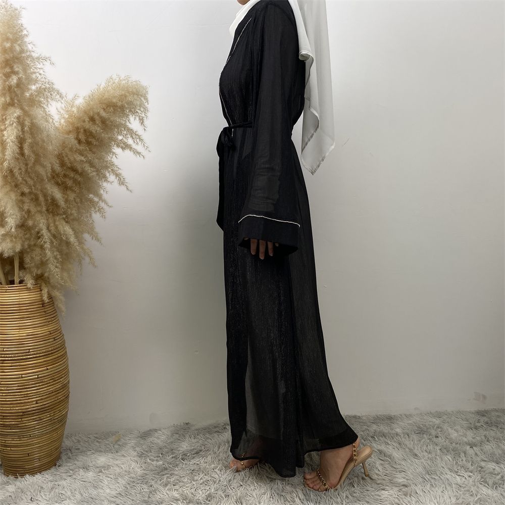Fashionable Muslim, Dubai, Middle East abaya, elegant diamond-encrusted Islamic women's wear, lace-up mesh cardigan gown