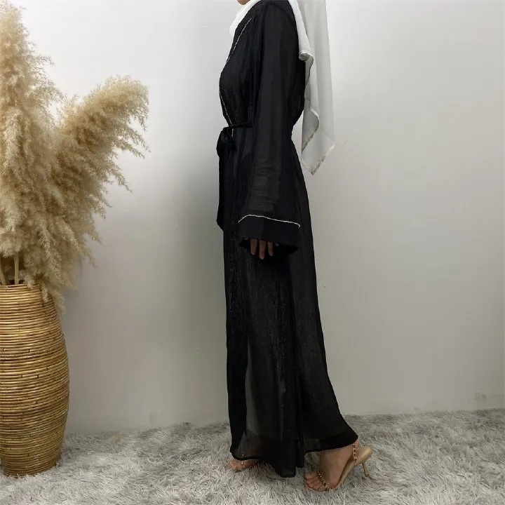 Fashionable Muslim, Dubai, Middle East abaya, elegant diamond-encrusted Islamic women's wear, lace-up mesh cardigan gown