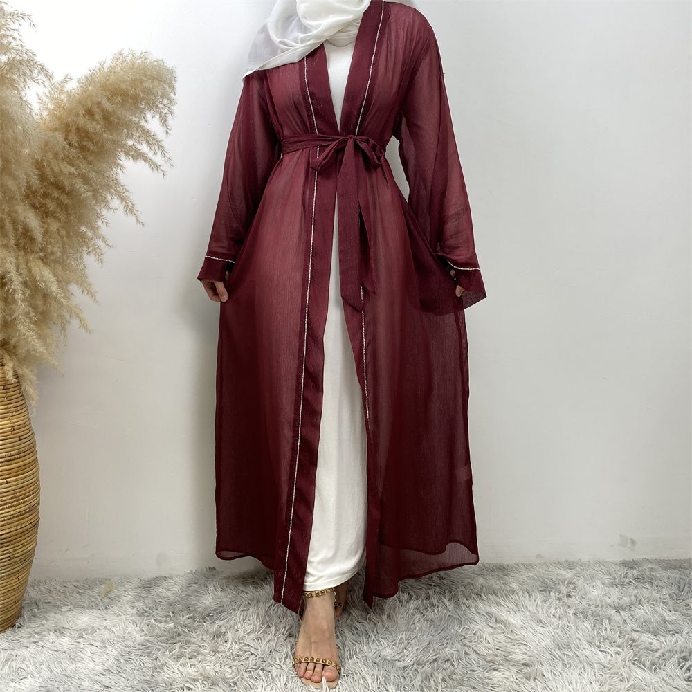 Fashionable Muslim, Dubai, Middle East abaya, elegant diamond-encrusted Islamic women's wear, lace-up mesh cardigan gown