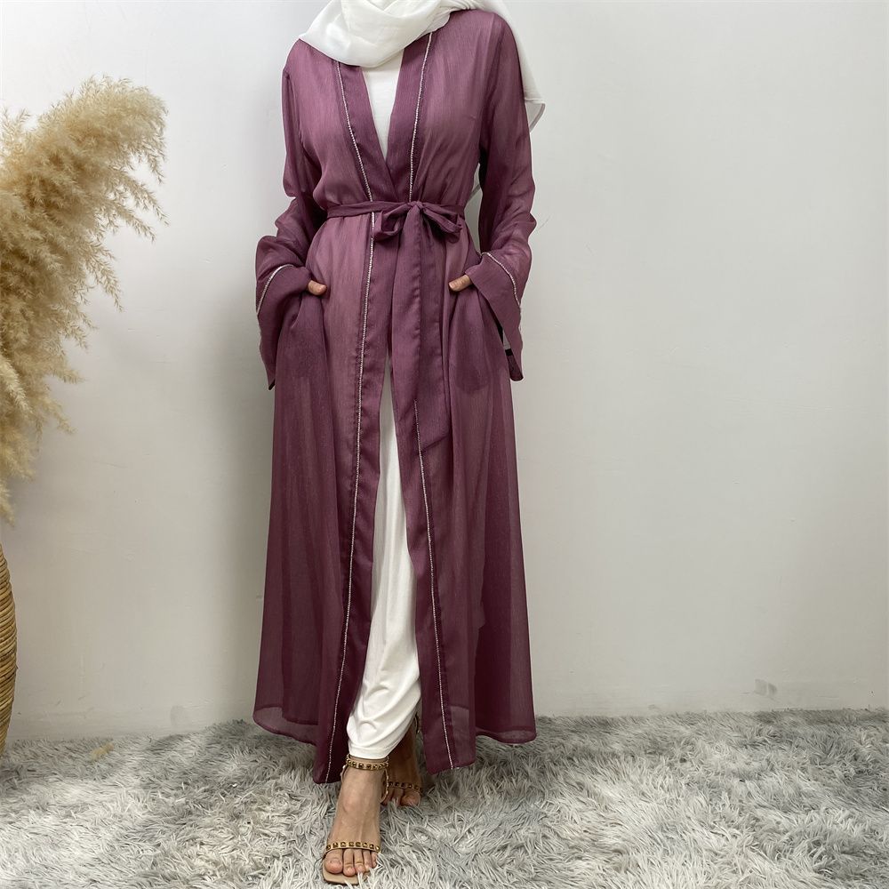 Fashionable Muslim, Dubai, Middle East abaya, elegant diamond-encrusted Islamic women's wear, lace-up mesh cardigan gown