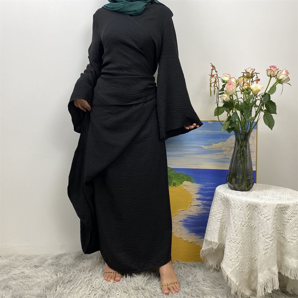 A Turkish plain color belt side pocket Muslim Islamic elegant robe dress from Dubai, Middle East