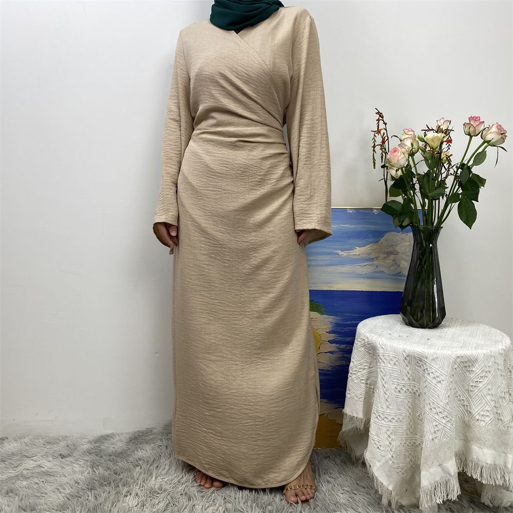 A Turkish plain color belt side pocket Muslim Islamic elegant robe dress from Dubai, Middle East