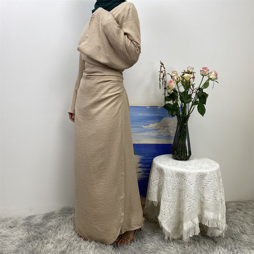 A Turkish plain color belt side pocket Muslim Islamic elegant robe dress from Dubai, Middle East