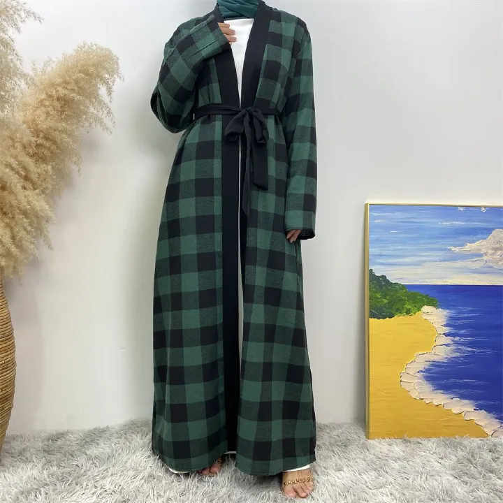 European and American Muslim slim-fitting cardigan, Dubai, Turkey, African Islamic women's plaid large-swing robe dress