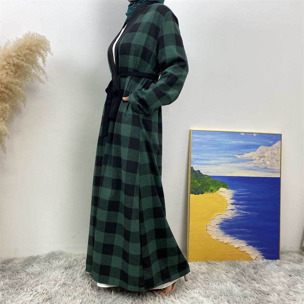 European and American Muslim slim-fitting cardigan, Dubai, Turkey, African Islamic women's plaid large-swing robe dress