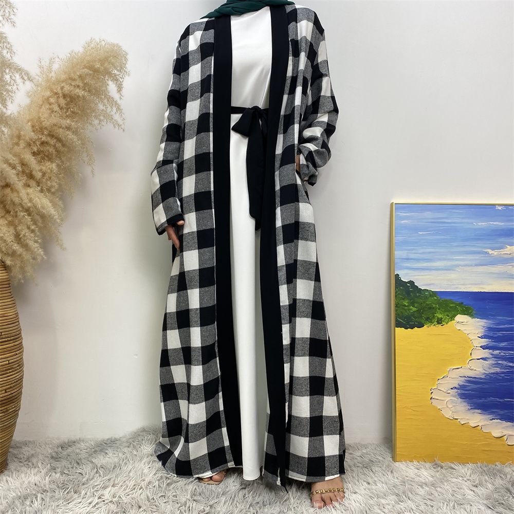 European and American Muslim slim-fitting cardigan, Dubai, Turkey, African Islamic women's plaid large-swing robe dress