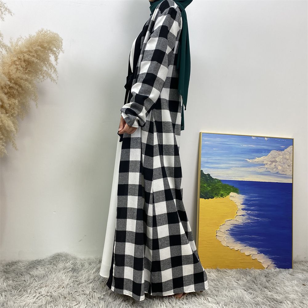 European and American Muslim slim-fitting cardigan, Dubai, Turkey, African Islamic women's plaid large-swing robe dress