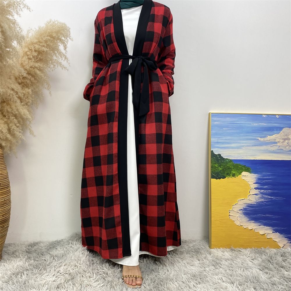 European and American Muslim slim-fitting cardigan, Dubai, Turkey, African Islamic women's plaid large-swing robe dress