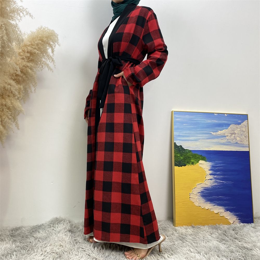 European and American Muslim slim-fitting cardigan, Dubai, Turkey, African Islamic women's plaid large-swing robe dress