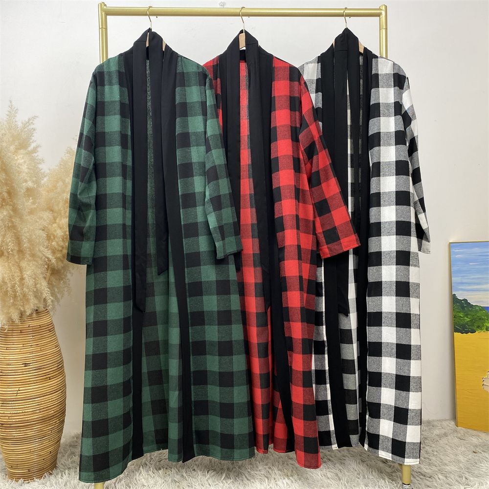 European and American Muslim slim-fitting cardigan, Dubai, Turkey, African Islamic women's plaid large-swing robe dress